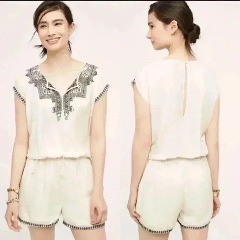 Anthropologie Elevenses Cream Embroidered Romper Size Large.